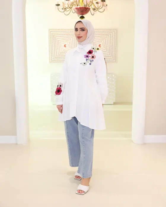 قميص قطني بكسرات انسيابية-اوف وايت-1 image 0