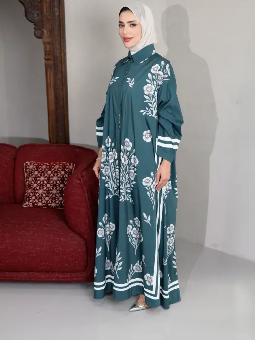 فستان طويل بنقشات ناعمة-بترولي-FS image 1