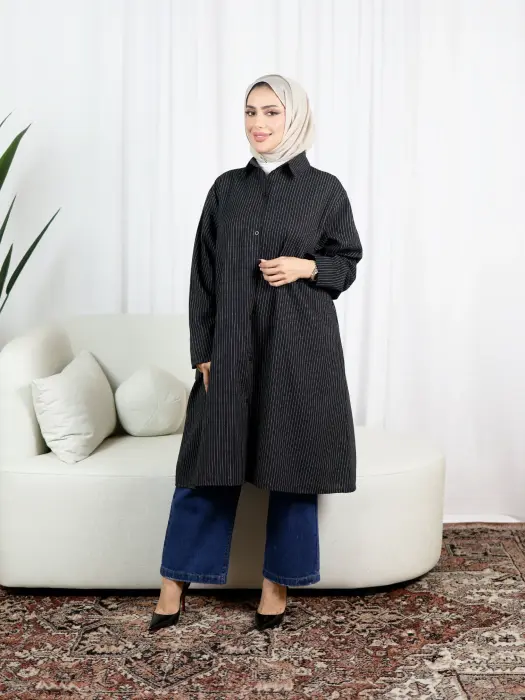 قميص طويل من القطن المقلم- مقلم اسود- fs image 0
