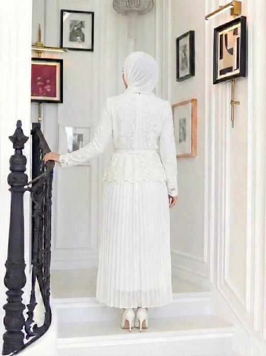 فستان أنيق من الكريب والدانتيل - ابيض - FS image 1