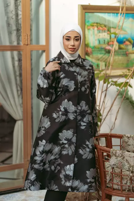 جاكيت جاكار طويل بزخرفة زهور image 3