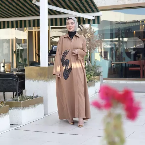 فستان قطني مع طباعة - عسلي - FS image 0