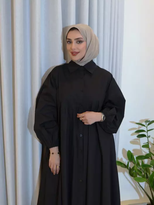 فستان قطني عصري - اسود - FS image 2