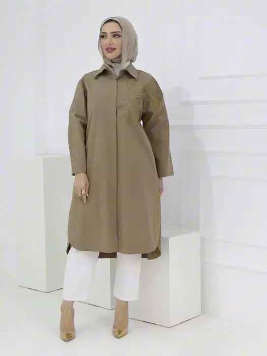 Long Shirt With Embroidery - Beige - 2 image 1