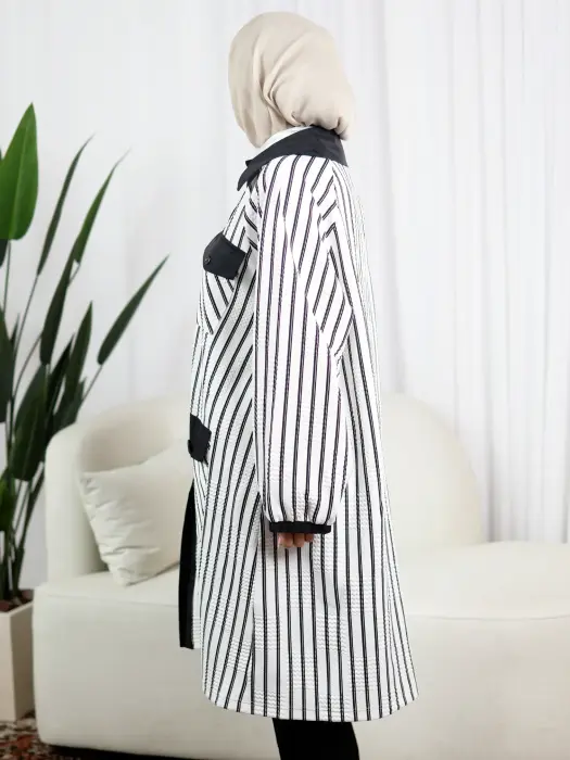 جاكيت بنقش بارز-ابيض مقلم اسود-FS image 2