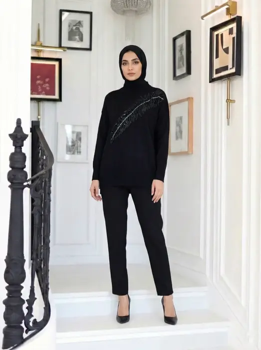 بلوزة من التريكو مع كرستال - اسود - FS image 0