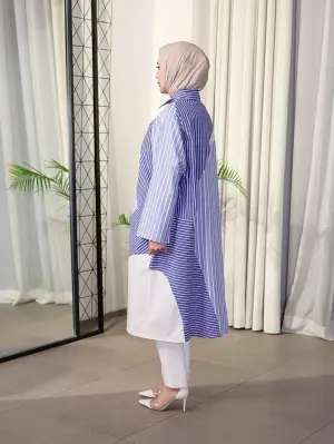 قميص طويل عملي - مقلم سماوي - fs image 1