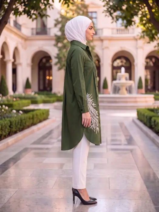 قميص طويل بكسرات ناعمة-زيتي-3 image 1