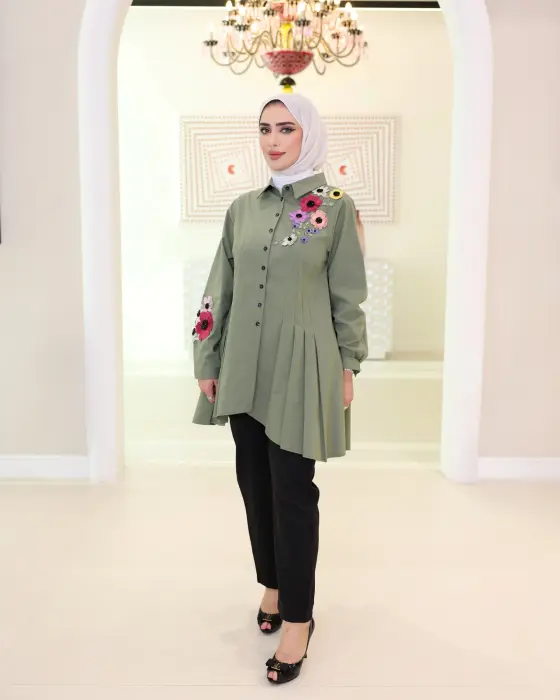 قميص قطني بكسرات انسيابية-زيتي-2 image 0