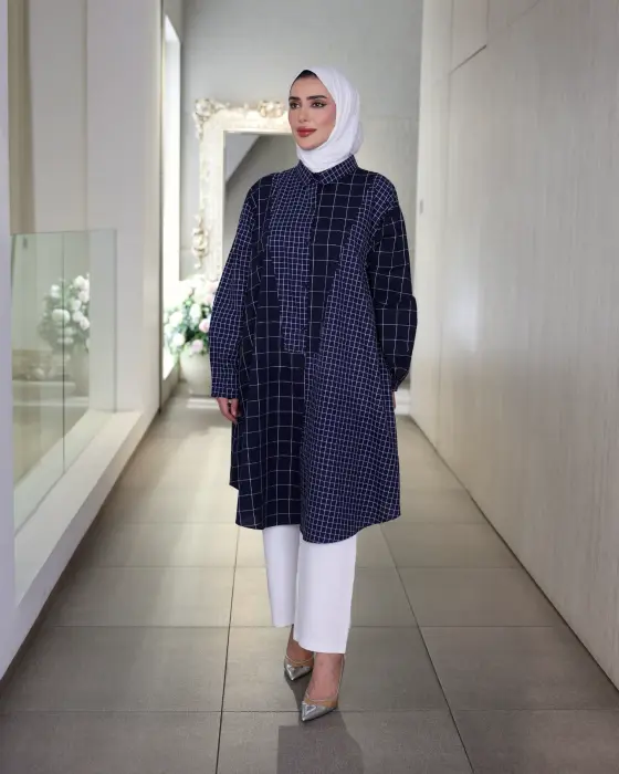 قميص طويل بنقش كاروهات-كحلي-FS image 0