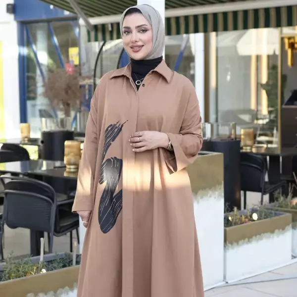 فستان قطني مع طباعة - عسلي - FS image 2