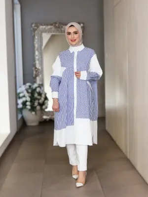 قميص طويل مخطط - مقلم ازرق - fs image 0