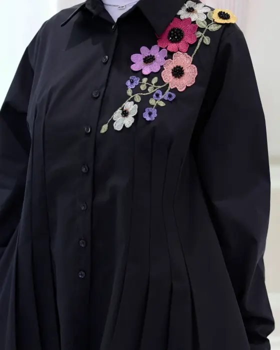قميص قطني بكسرات انسيابية-اسود-2 image 3