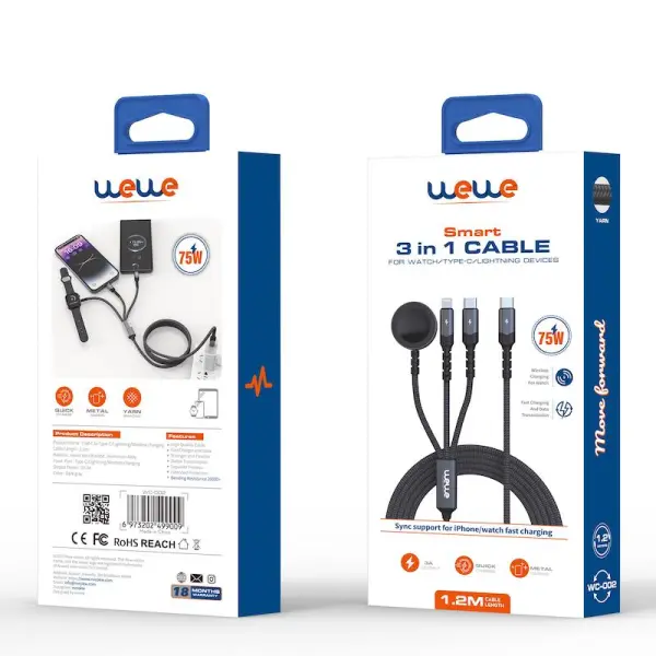 75W 3-in-1 Cable: Apple Watch Charger, Lightning, and Type-C WC-002 image 1