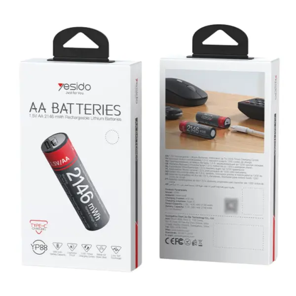 Yesido YP88 1.5V AA Rechargeable Lithium Batteries – 4 Pieces image 0