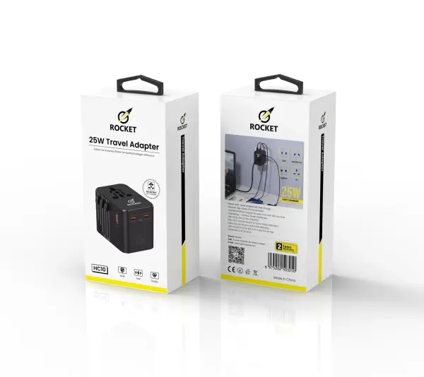 محول كهربائي عالمي للسفر 4 في 1 يحتوي على منفذين شحن Type-C بقدرة 25 واط ومنفذ USB بقدرة 18 image 0
