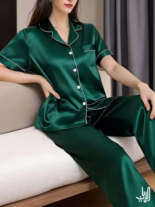 بيجامة نسائية صيفية من الساتان بأكمام قصيرة وبنطلون طويل image 4