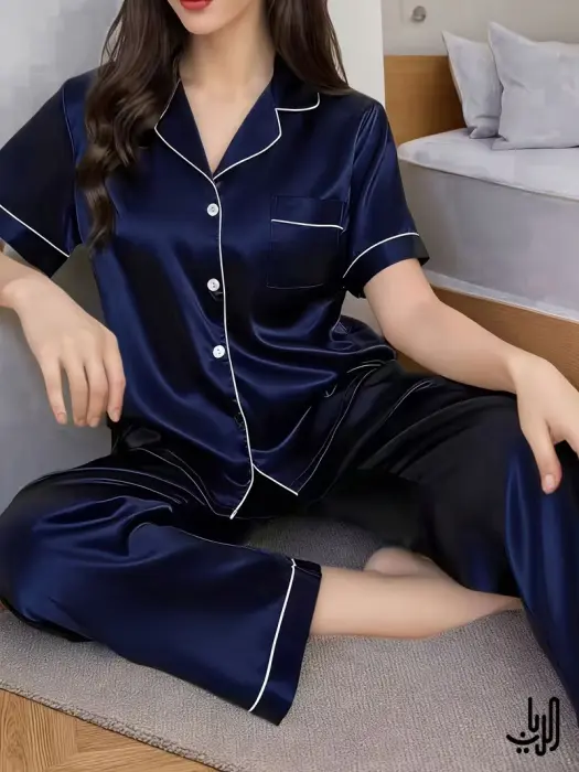 بيجامة نسائية صيفية من الساتان بأكمام قصيرة وبنطلون طويل image 3