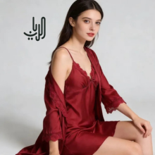 قميص نوم وروب مزين بالدانتيل الناعم-عنابي-M image 0