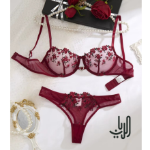 طقم باللون العنابي السكسي مزين بالورود الصغيره image 0