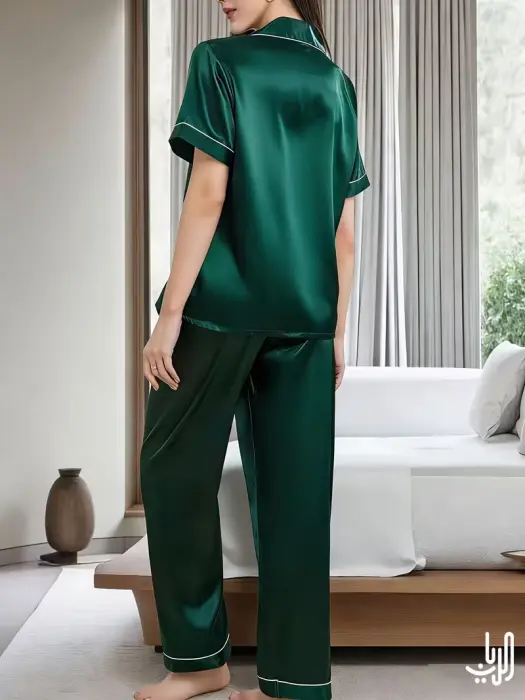 بيجامة نسائية صيفية من الساتان بأكمام قصيرة وبنطلون طويل image 2