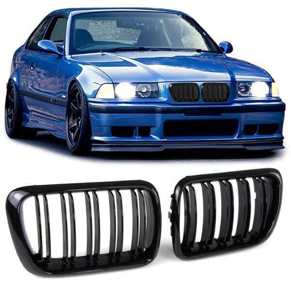 شبك كلى مزدوج أسود لامع لسيارة BMW E36 المحدثة موديل 96-99 image 0