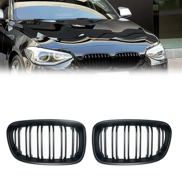شبكة أمامية مزدوجة الشرائح لسيارة BMW F20 1Series  Pre-LCI موديلات (2011 – 2015) باللون الأسود اللامع image 0