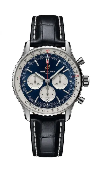 Breitling Navitimer 1 B01 Chronograph with a blue dial and a black leather strap. image 0