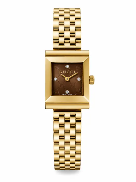 gold-tone Gucci G-Frame square case and a brown monogram dial image 0