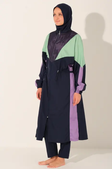 530-بوركيني رياضي بخطوط – كحلي image 1
