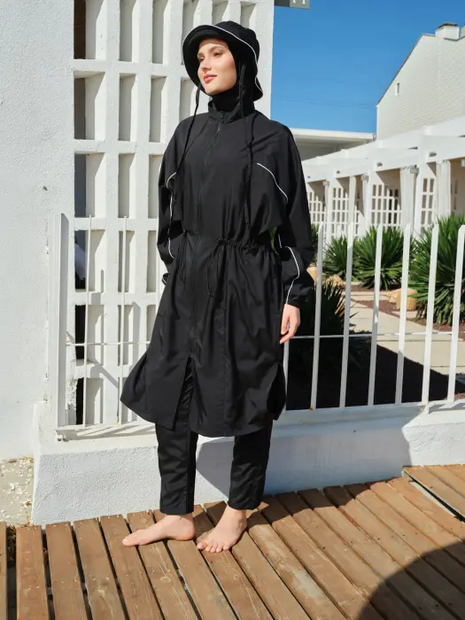 521-   اسود - بوركيني ميدي بسيط مع قبعة  image 10