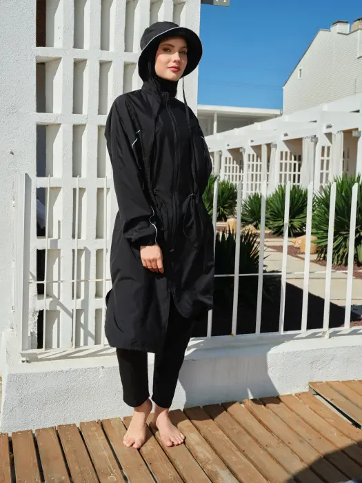 521-   اسود - بوركيني ميدي بسيط مع قبعة  image 8