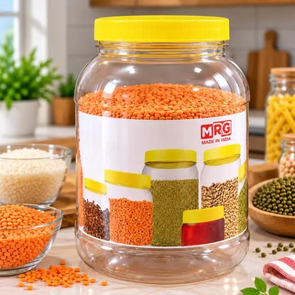 برطمان تخزين شفاف MRG سعة 4 لتر (4000 مل) بغطاء أصفر – لحفظ الحبوب والبقوليات. image 0