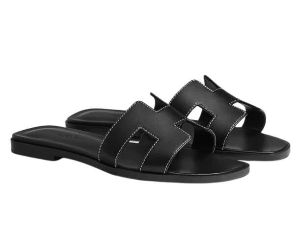 Hermès  Oran Sandal Black Calfskin - White Top Stitch Flat Shoes image 1