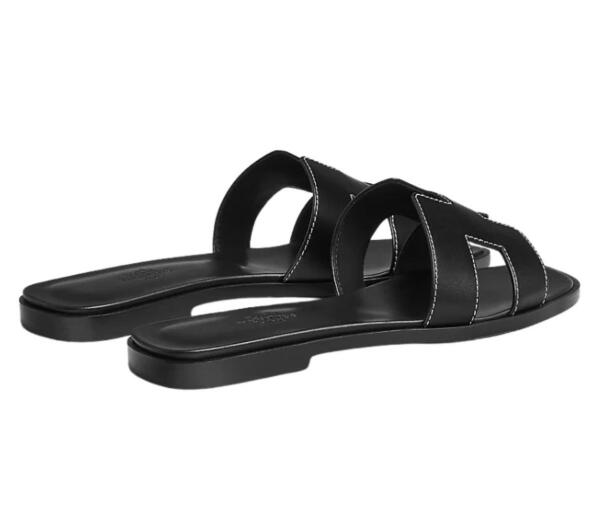 Hermès  Oran Sandal Black Calfskin - White Top Stitch Flat Shoes image 2