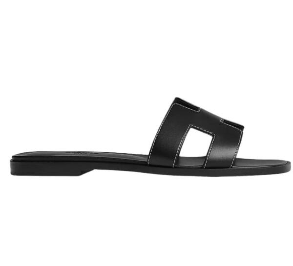 Hermès  Oran Sandal Black Calfskin - White Top Stitch Flat Shoes image 0