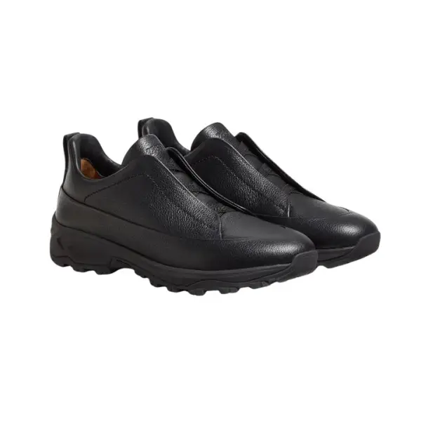 Zegna - Triple Stitch Monte Grained Calf Leather Black Slip On Sneakers image 1