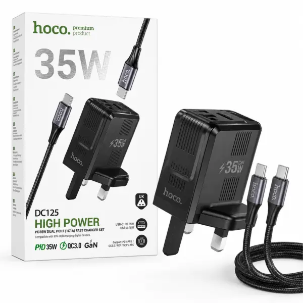طقم شاحن سريع Hoco بتقنية GaN بقدرة 35 واط - شاحن حائط بمنفذين (USB-C و USB-A) مع كابل USB-C - طراز DC125 image 0