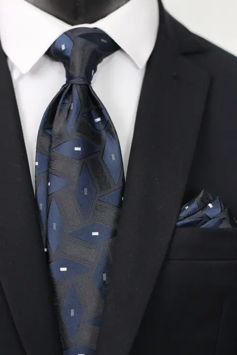 Geometric Super Microfiber Neck Tie With Hanky - Between 8 cm image 0
