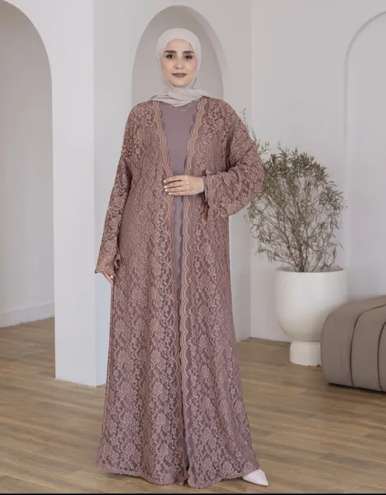 Lace biege abaya image 3