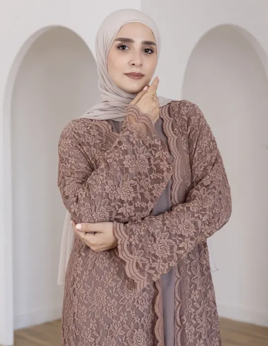 Lace biege abaya image 8