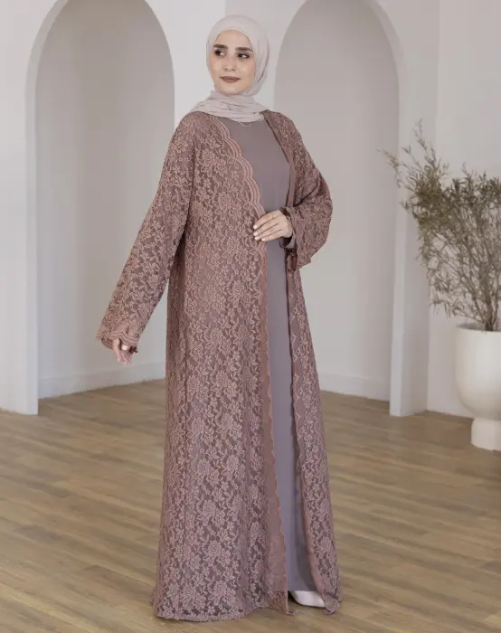 Lace biege abaya image 7