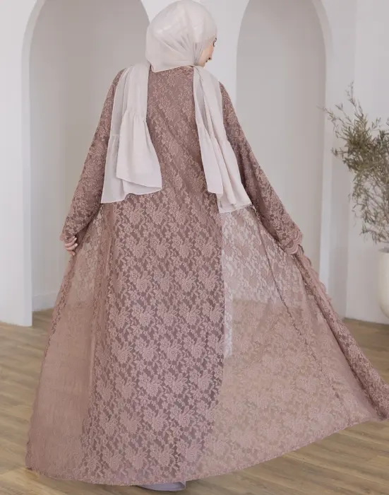 Lace biege abaya image 4