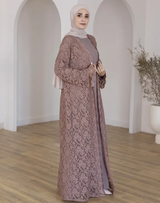 Lace biege abaya image 6