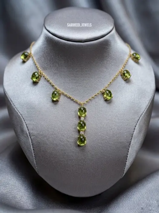 Natural 9 pcs. Peridot Burma & Natural Diamonds 18K Yellow Gold Women's Necklace image 0