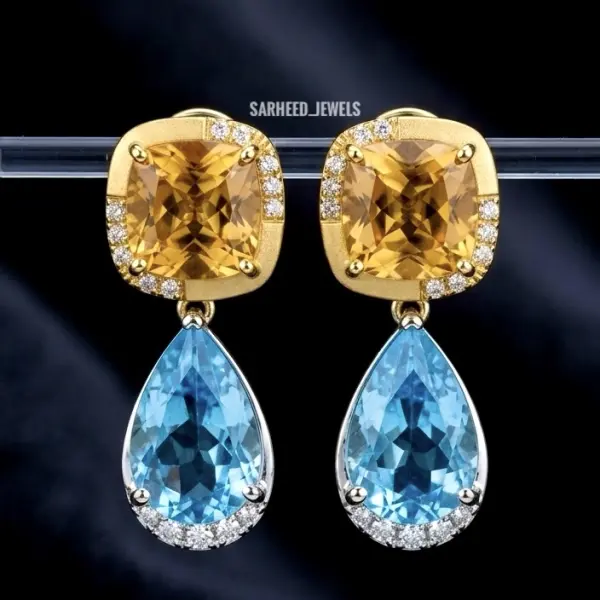Natural Blue Topaz, Natural Citrine & Natural Diamonds 18K Yellow Gold Earrings image 1