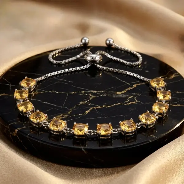 Natural Brazilian Citrine Quartz Silver Bracelet – 12 Cushion-Cut Gemstones for Women image 0