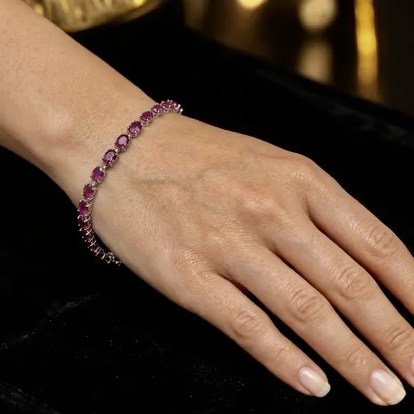 Natural African Rhodolite Garnet Silver Bracelet – 22 Oval-Cut Gemstones for Women image 1