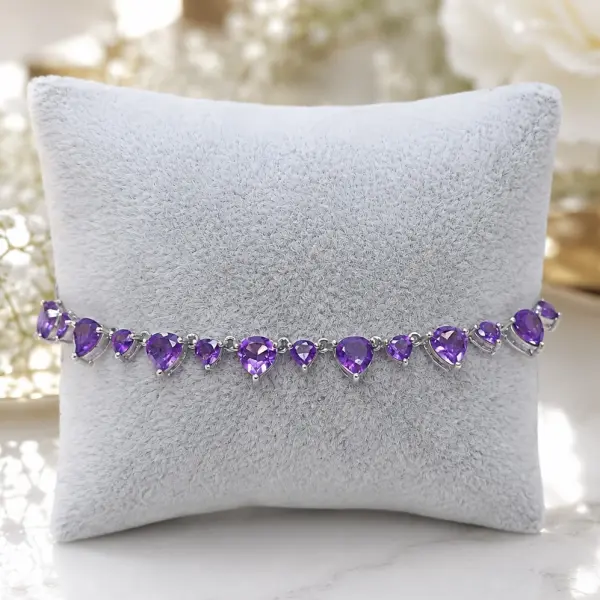 Natural Brazilian Heart-Shaped Amethyst Silver Bracelet – 15 Gemstones image 1