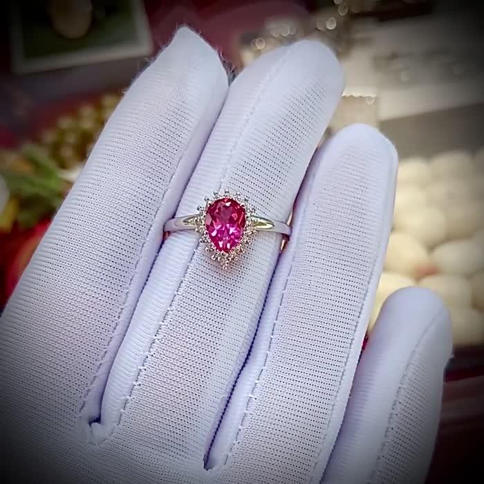Natural Pear-Shaped Pink Topaz & White Cubic Zirconia Silver Women's Ring image 2
